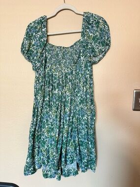 J. Crew Green Floral Smocked Top with Puff Details